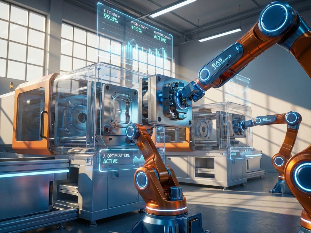 AI-powered robots in a modern manufacturing facility.